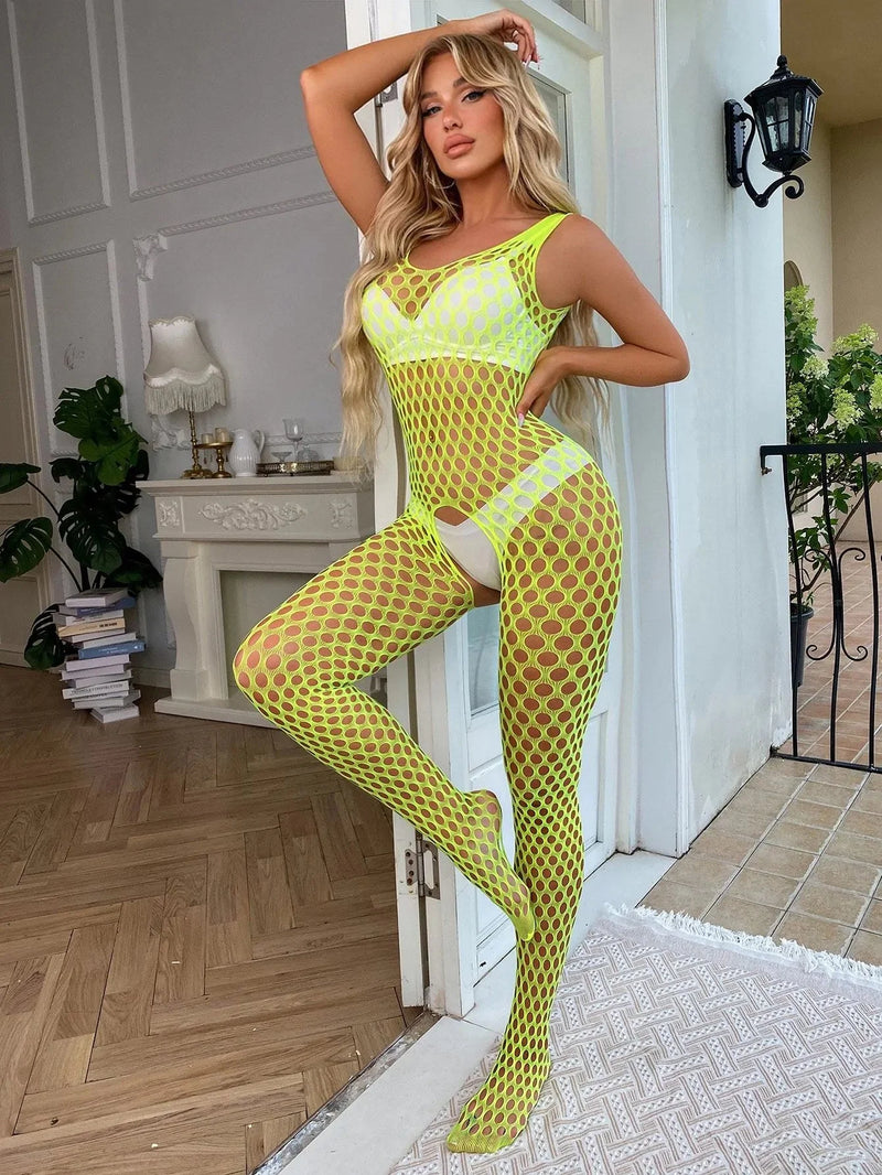 Snapshot - #sexysunday - Catsuit - Bodystocking Visnet - One Size - Geel-Erotiekvoordeel.nl