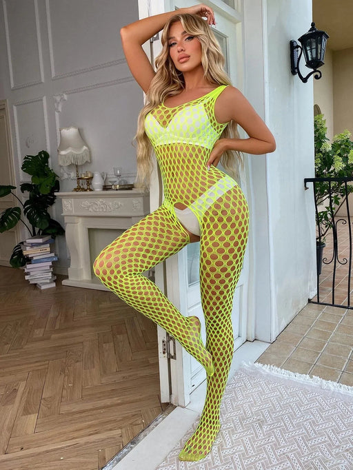 Snapshot - #sexysunday - Catsuit - Bodystocking Visnet - One Size - Geel-Erotiekvoordeel.nl