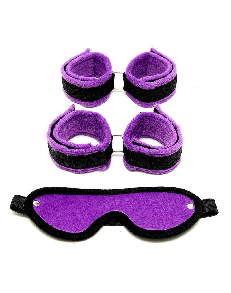 Rimba - Soft Bondage Set Handboeien Voetboeien Blinddoek - Zwart/Paars