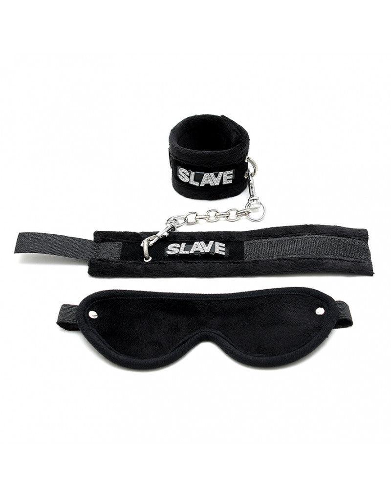 Rimba - Soft Bondage Set blinddoek En handboeien SLAVE - Zwart