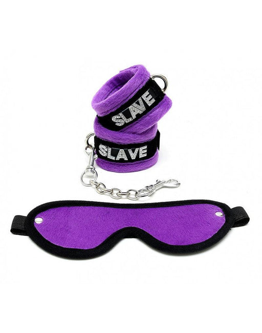 Rimba - Soft Bondage Set blinddoek En handboeien SLAVE - Zwart/Paars