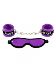 Rimba - Soft Bondage Set blinddoek En handboeien SLAVE - Zwart/Paars