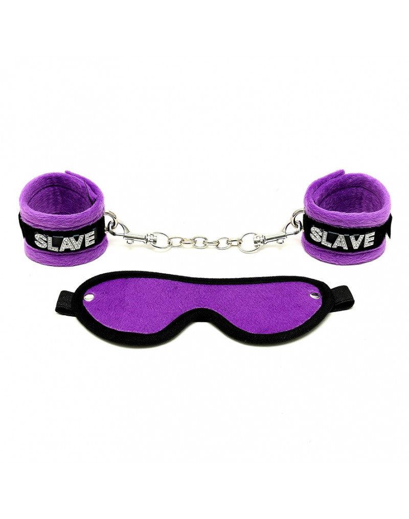 Rimba - Soft Bondage Set blinddoek En handboeien SLAVE - Zwart/Paars