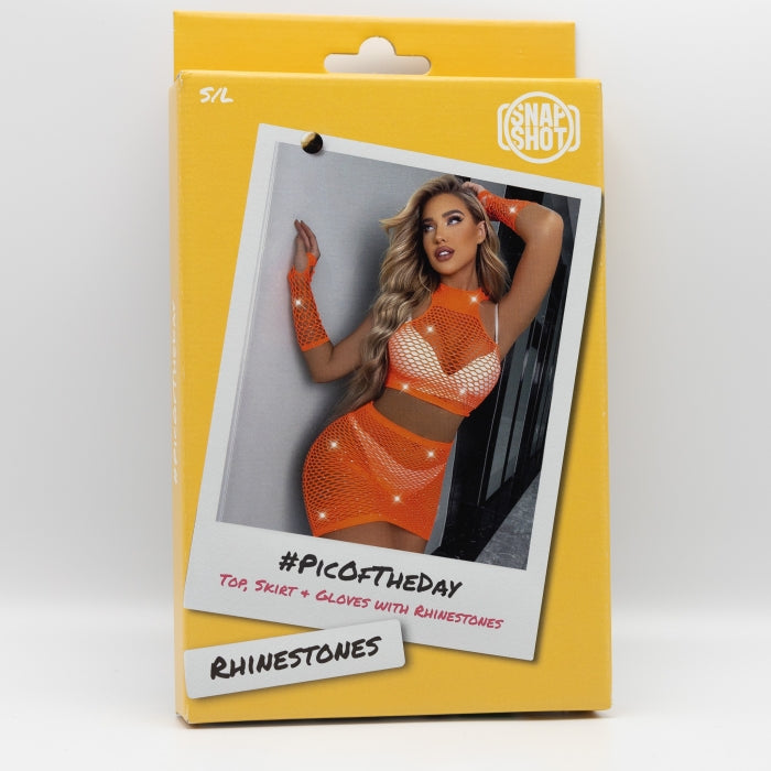Snapshot - #picoftheday - Visnet Rokje, Topje en Handschoenen met Strass steentjes - One Size - Oranje-Erotiekvoordeel.nl