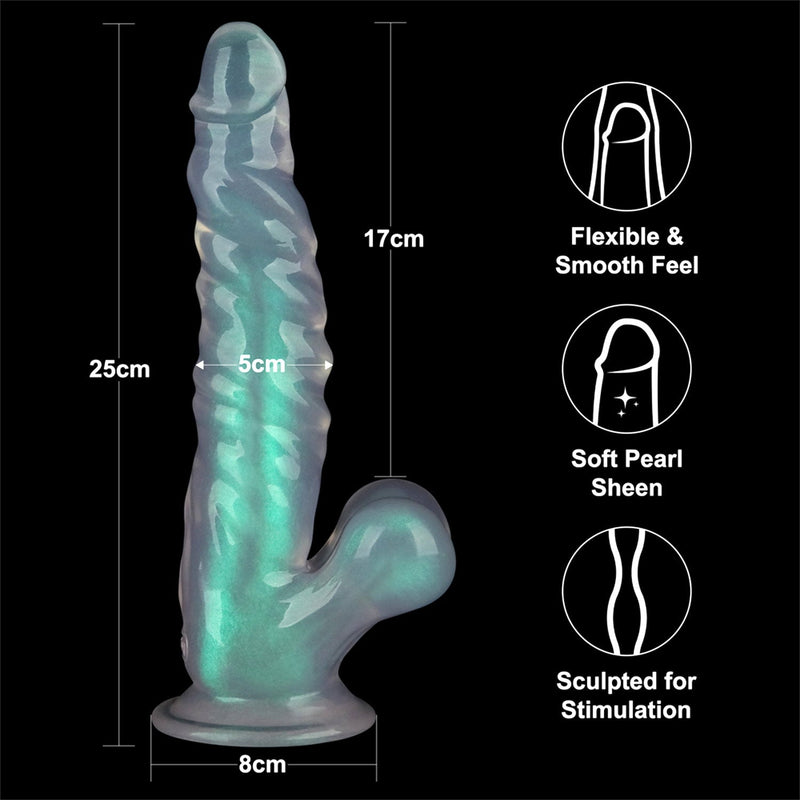 LoveToy - Opal Pearl Sheen - Geribbelde Dildo met Scrotum - 25 cm – Groen-Erotiekvoordeel.nl