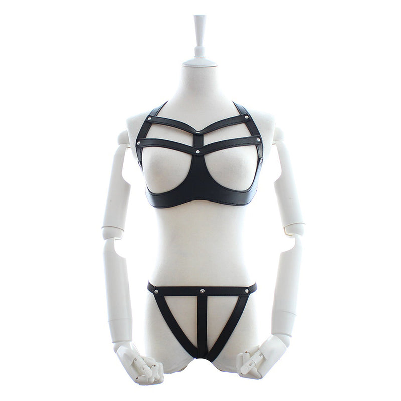 Fixxx - Fetish BH en Slipje - Set Nr. 1 - PU-Leer - One Size - Zwart-Erotiekvoordeel.nl