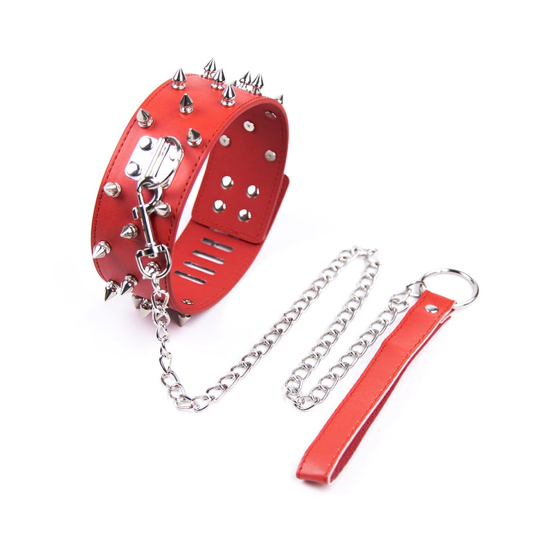 Smart Moves - Brede Collar met Spikes - Inclusief Leash - Rood-Erotiekvoordeel.nl