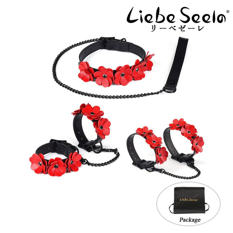 Liebe Seele - Flower Rhythm - Handboeien met Bloemen uit Leer - Exclusief en uniek ontwerp uit Japan - Rood/Zwart-Erotiekvoordeel.nl