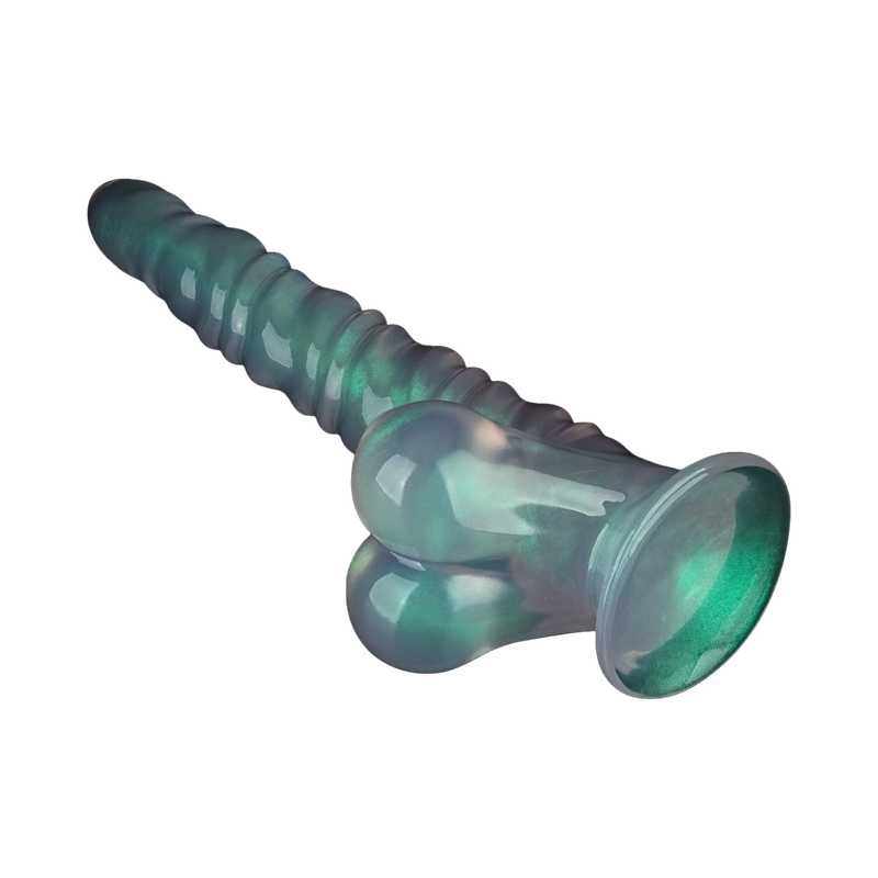 LoveToy - Opal Pearl Sheen - Geribbelde Dildo met Scrotum - 27,5 cm – Groen-Erotiekvoordeel.nl
