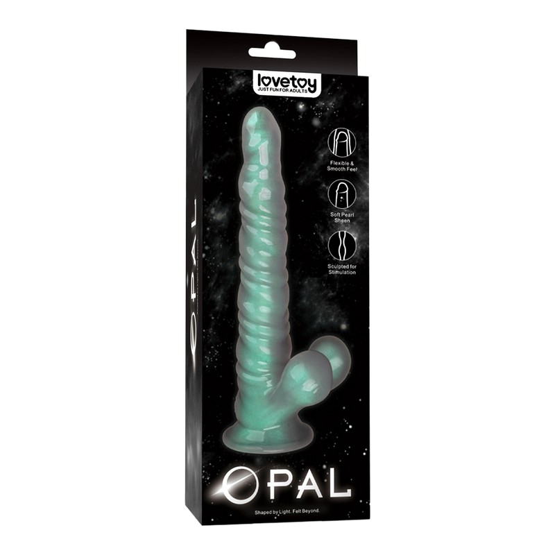 LoveToy - Opal Pearl Sheen - Geribbelde Dildo met Scrotum - 27,5 cm – Groen-Erotiekvoordeel.nl
