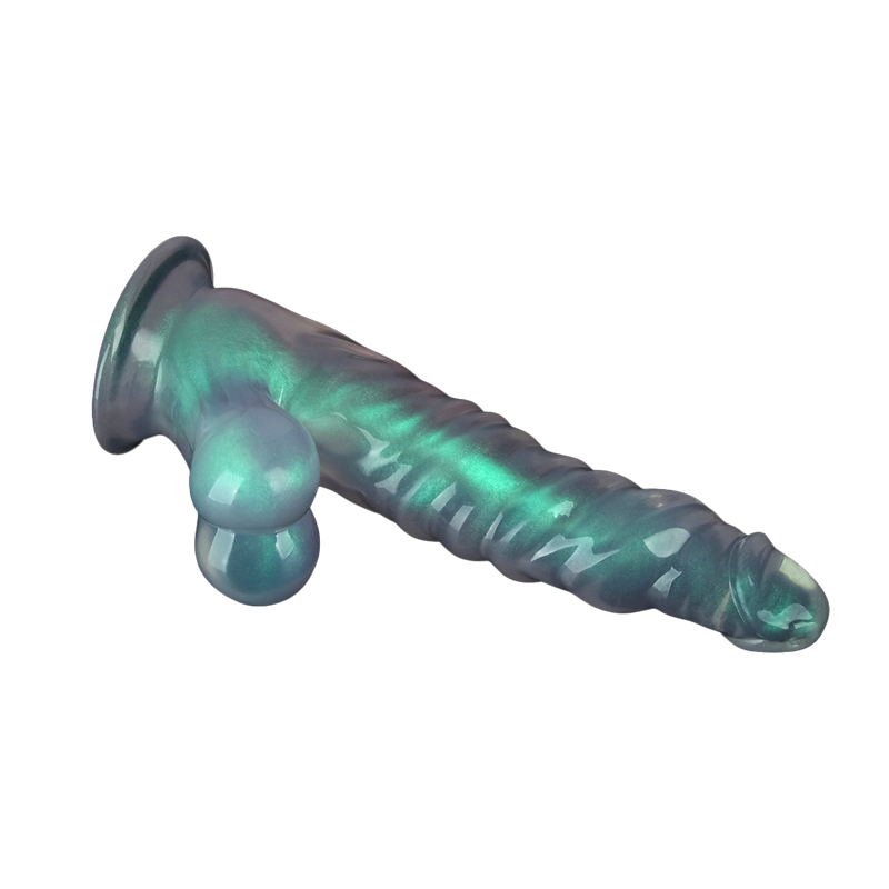 LoveToy - Opal Pearl Sheen - Geribbelde Dildo met Scrotum - 25 cm – Groen-Erotiekvoordeel.nl