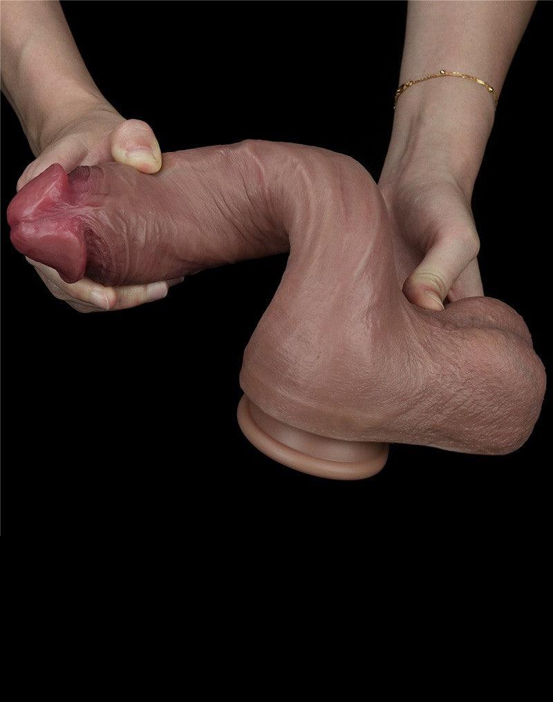 LoveToy - Realistische Grote Dildo 27 cm Dubbellaags Siliconen - Donkere Huidskleur-Erotiekvoordeel.nl