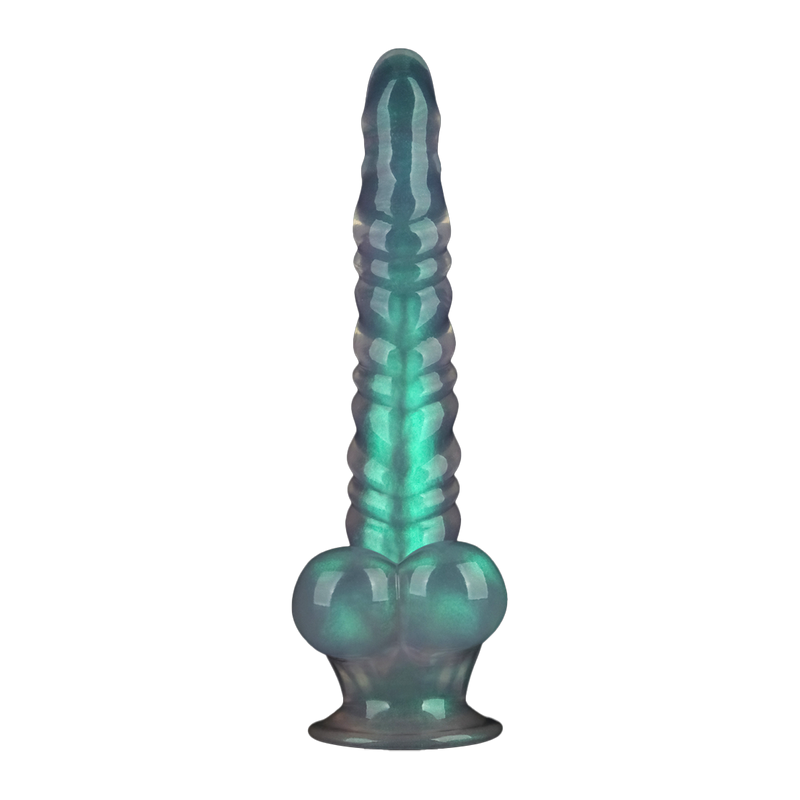 LoveToy - Opal Pearl Sheen - Geribbelde Dildo met Scrotum - 27,5 cm – Groen-Erotiekvoordeel.nl