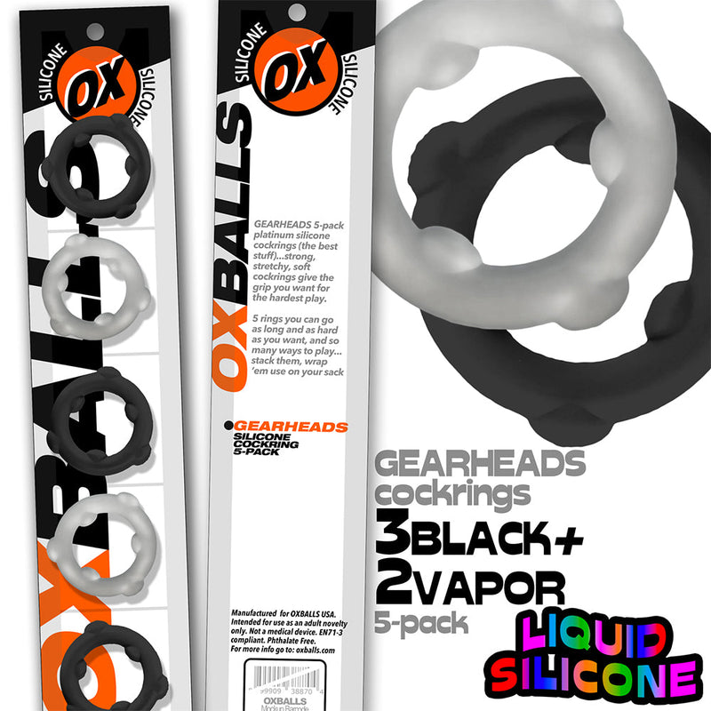 Oxballs - Gearheads - Spinner Cockringen Set - 5 stuks - Transparant/Zwart-Erotiekvoordeel.nl