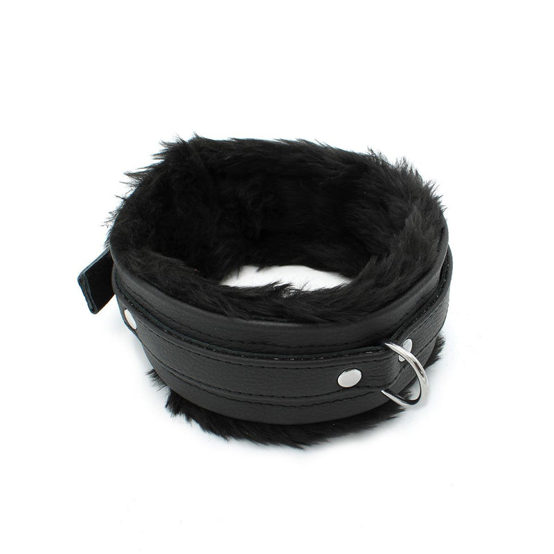 Kiotos Leather - Lederen Collar met Pluizige Binnenkant - Verstelbaar - Zwart-Erotiekvoordeel.nl