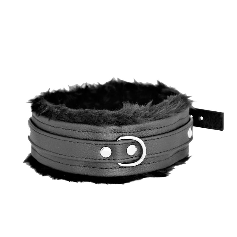 Kiotos Leather - Lederen Collar met Pluizige Binnenkant - Verstelbaar - Zwart-Erotiekvoordeel.nl
