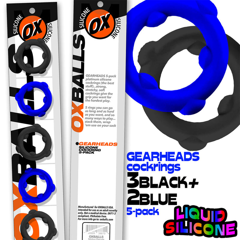 Oxballs - Gearheads - Spinner Cockringen Set - 5 stuks - Blauw/Zwart-Erotiekvoordeel.nl