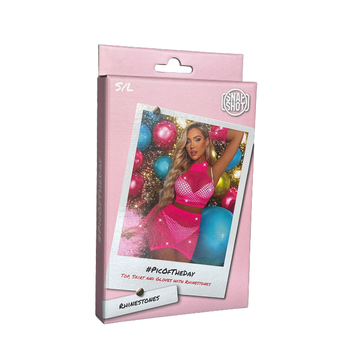 Snapshot - #picoftheday - Visnet Rokje, Topje en Handschoenen met Strass steentjes - One Size - Hot Pink-Erotiekvoordeel.nl