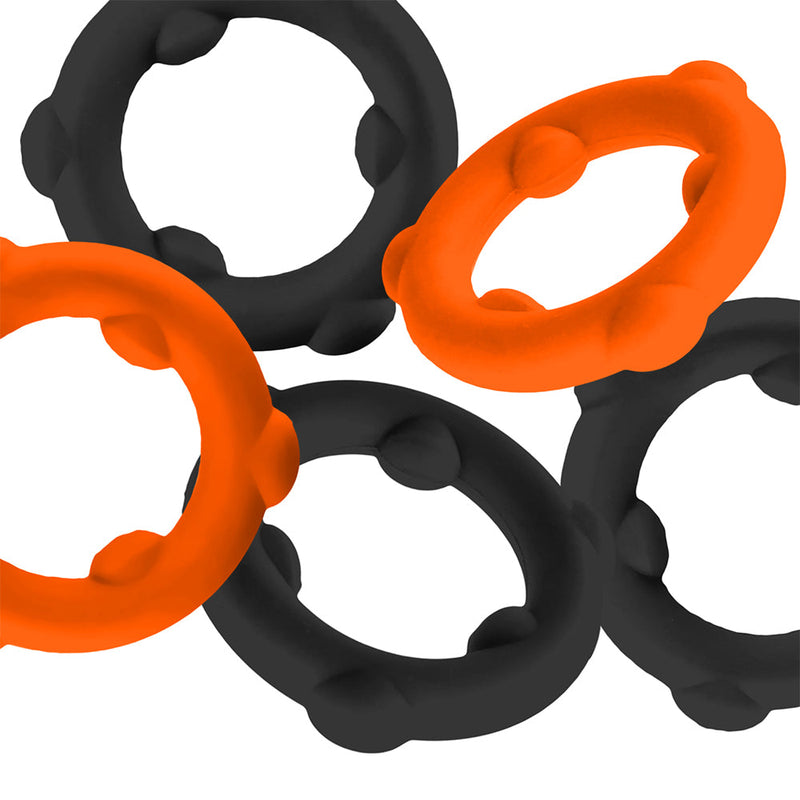 Oxballs - Gearheads - Spinner Cockringen Set - 5 stuks - Oranje/Zwart-Erotiekvoordeel.nl