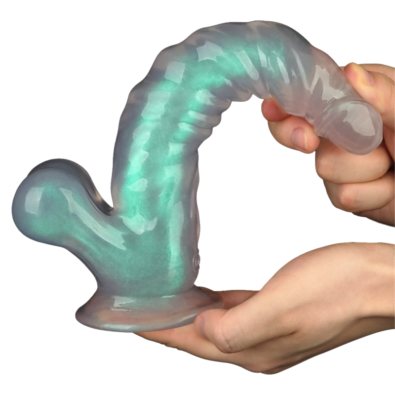 LoveToy - Opal Pearl Sheen - Geribbelde Dildo met Scrotum - 25 cm – Groen-Erotiekvoordeel.nl