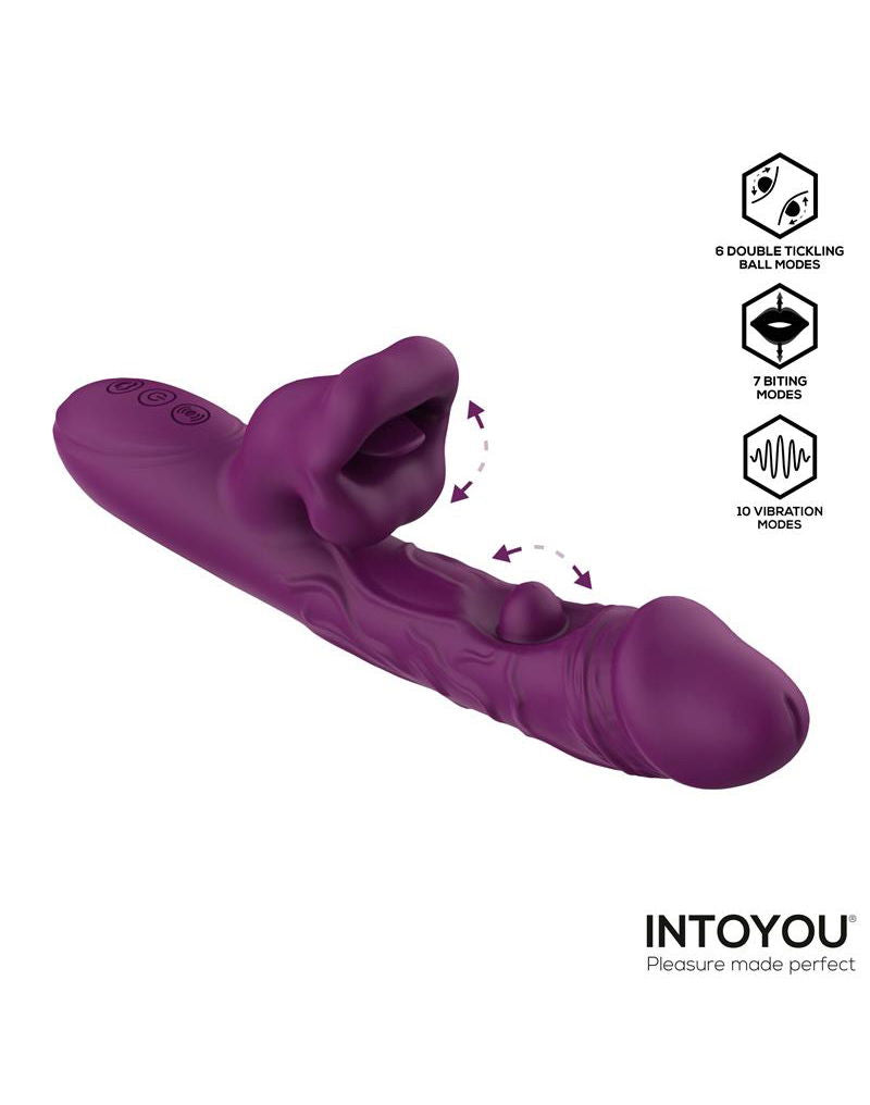 IY - Bella - Triple Motor Vibrator met Dubbel Kietelend Balletje en Likkende Tong - Paars-Erotiekvoordeel.nl