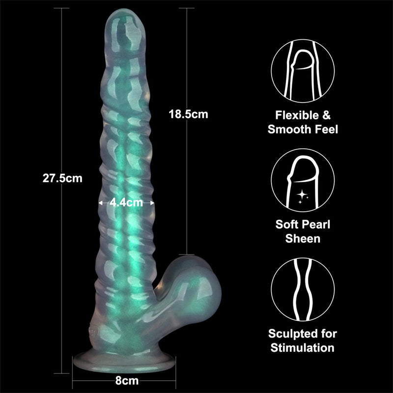 LoveToy - Opal Pearl Sheen - Geribbelde Dildo met Scrotum - 27,5 cm – Groen-Erotiekvoordeel.nl