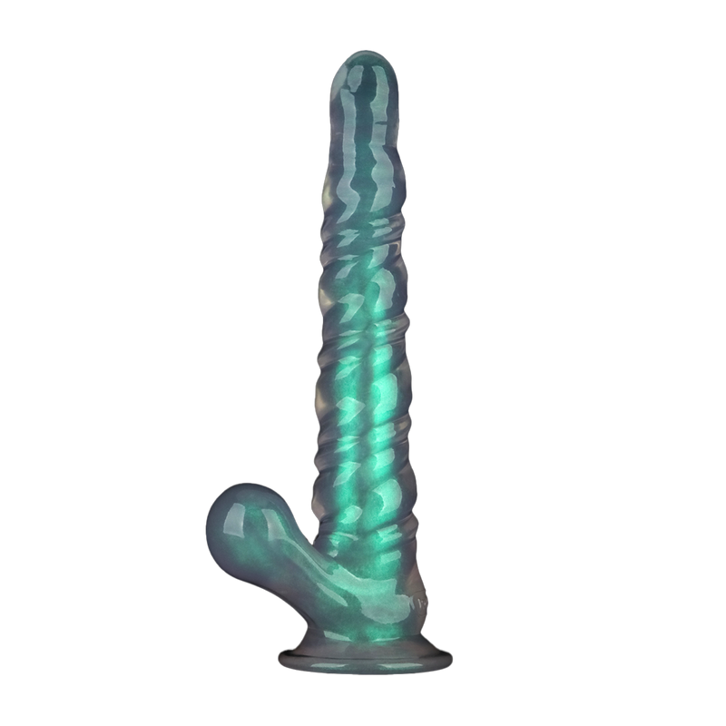 LoveToy - Opal Pearl Sheen - Geribbelde Dildo met Scrotum - 27,5 cm – Groen-Erotiekvoordeel.nl