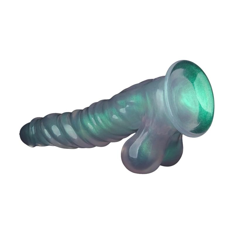 LoveToy - Opal Pearl Sheen - Geribbelde Dildo met Scrotum - 25 cm – Groen-Erotiekvoordeel.nl