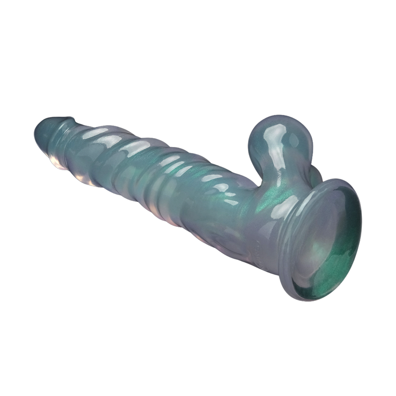 LoveToy - Opal Pearl Sheen - Geribbelde Dildo met Scrotum - 25 cm – Groen-Erotiekvoordeel.nl