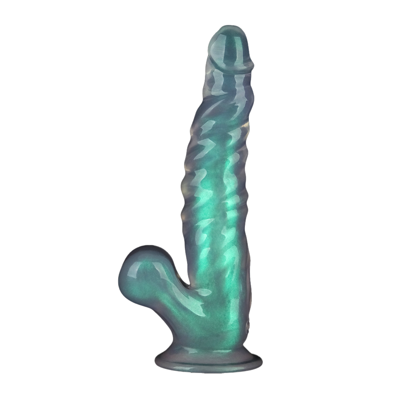 LoveToy - Opal Pearl Sheen - Geribbelde Dildo met Scrotum - 25 cm – Groen-Erotiekvoordeel.nl