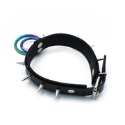 Kiotos - Zwarte Lederen Spiked Collar met Dubbele Rainbow O-Ring-Erotiekvoordeel.nl