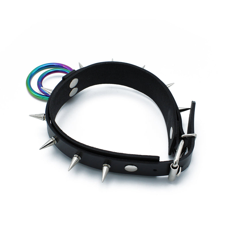 Kiotos - Zwarte Lederen Spiked Collar met Dubbele Rainbow O-Ring-Erotiekvoordeel.nl