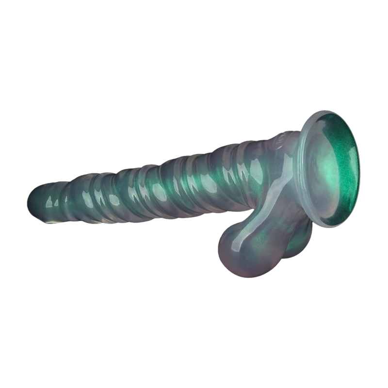 LoveToy - Opal Pearl Sheen - Geribbelde Dildo met Scrotum - 27,5 cm – Groen-Erotiekvoordeel.nl