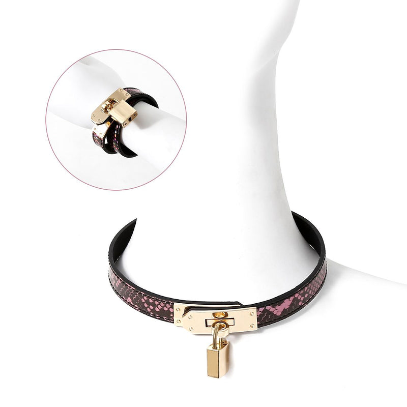 Kiotos Leather - Smalle Collar Met Reptielenprint - Goud/Roze