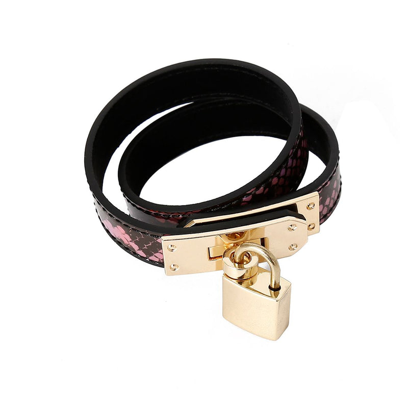 Kiotos Leather - Smalle Collar Met Reptielenprint - Goud/Roze