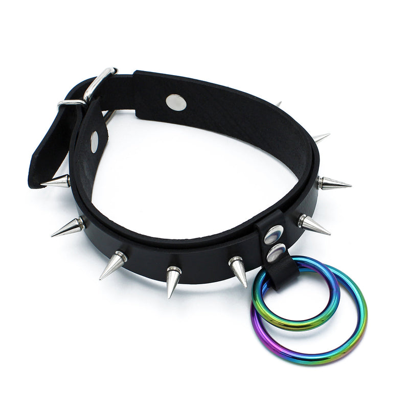 Kiotos - Zwarte Lederen Spiked Collar met Dubbele Rainbow O-Ring