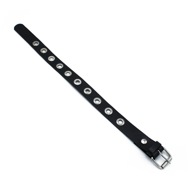 Kiotos - Zwarte Lederen Slanke Collar met Leather Slim Collar with Multi-Metalen Eyelets