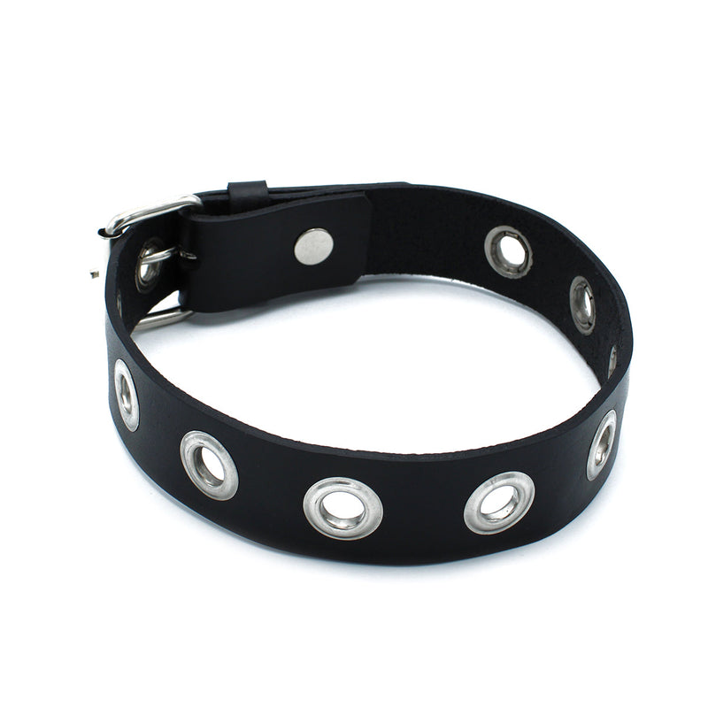 Kiotos - Zwarte Lederen Slanke Collar met Leather Slim Collar with Multi-Metalen Eyelets