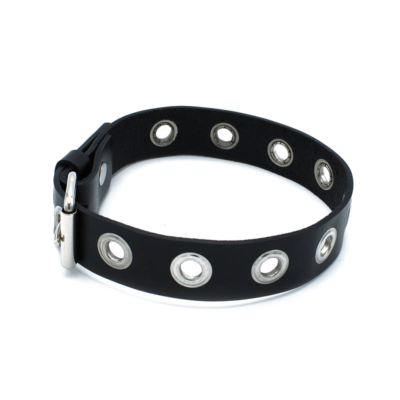 Kiotos - Zwarte Lederen Slanke Collar met Leather Slim Collar with Multi-Metalen Eyelets
