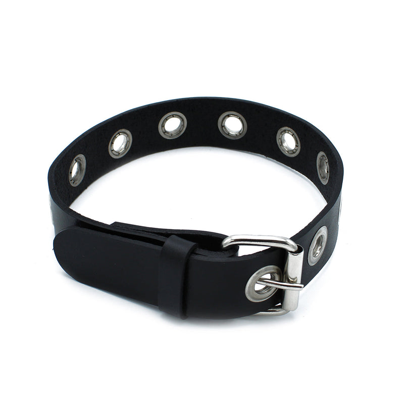 Kiotos - Zwarte Lederen Slanke Collar met Leather Slim Collar with Multi-Metalen Eyelets