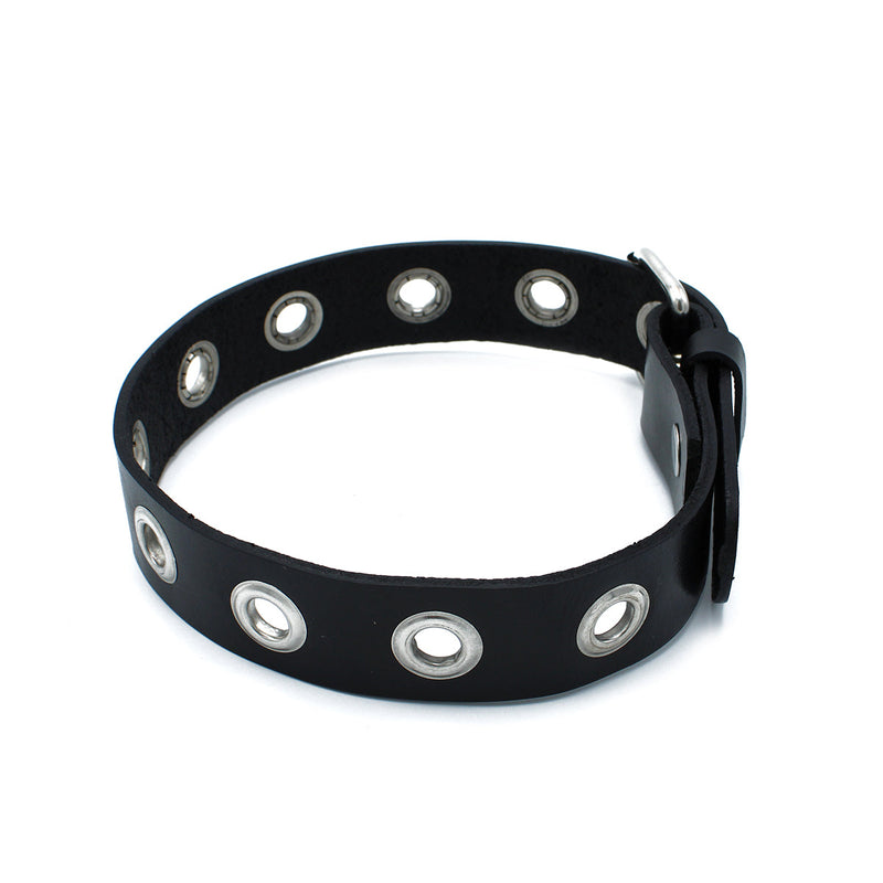Kiotos - Zwarte Lederen Slanke Collar met Leather Slim Collar with Multi-Metalen Eyelets