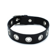 Kiotos - Zwarte Lederen Slanke Collar met Leather Slim Collar with Multi-Metalen Eyelets