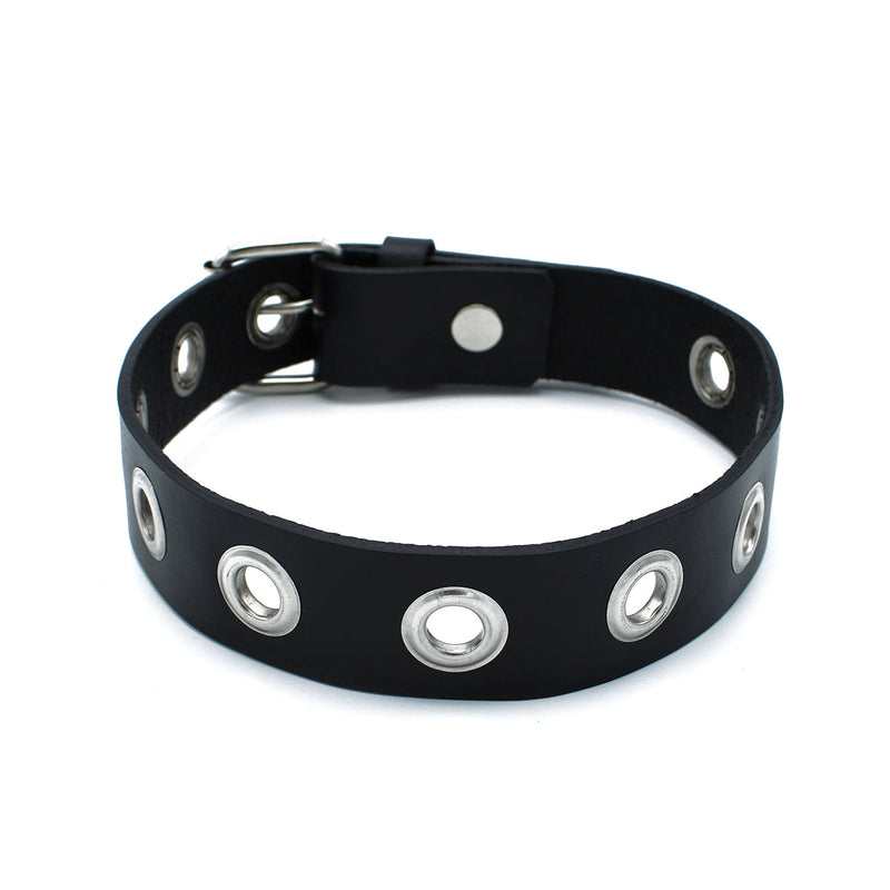 Kiotos - Zwarte Lederen Slanke Collar met Leather Slim Collar with Multi-Metalen Eyelets