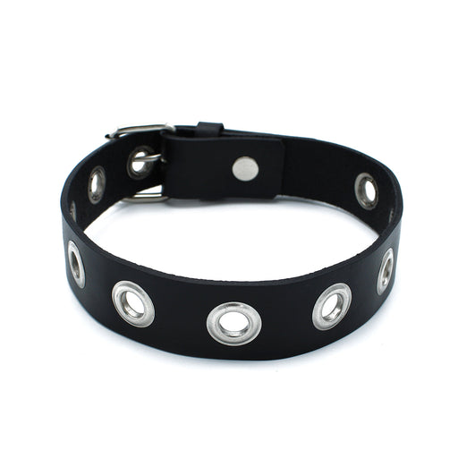 Kiotos - Zwarte Lederen Slanke Collar met Leather Slim Collar with Multi-Metalen Eyelets